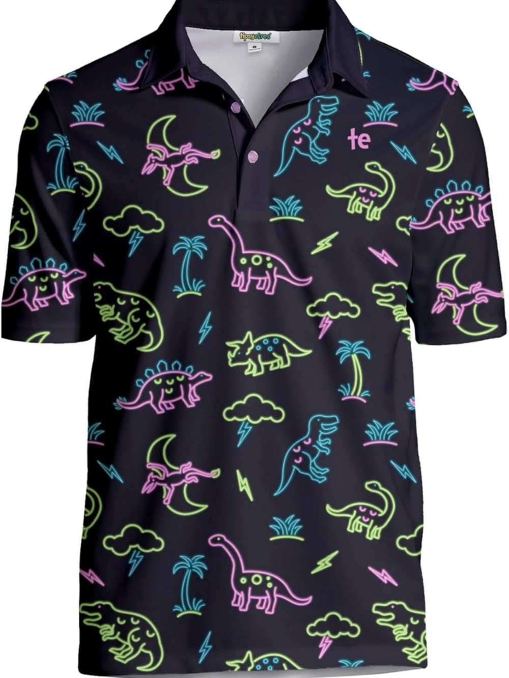 Mens Neon Dinosaur Polo Shirt - Black